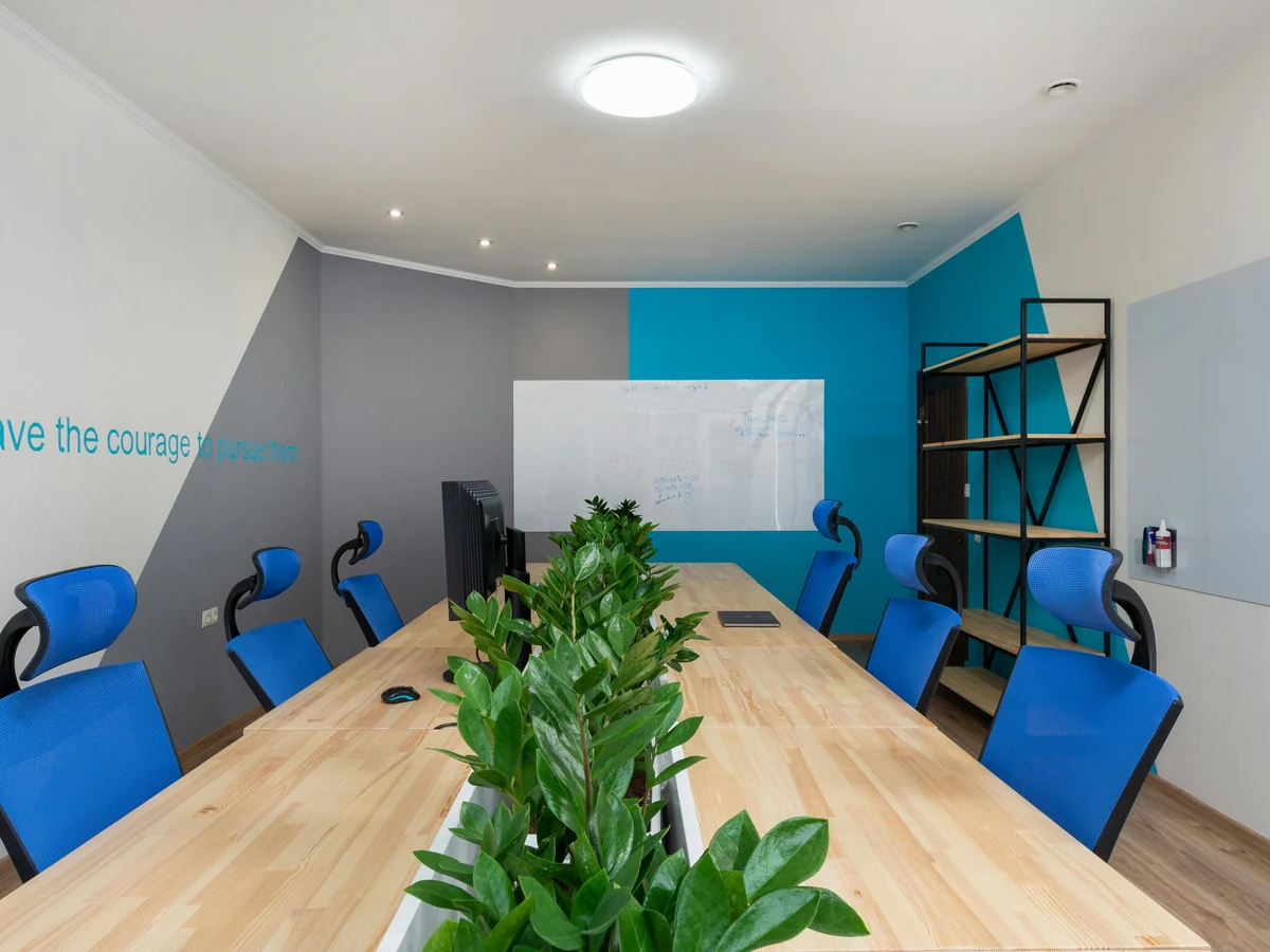 Teal meeting room commercial painting finish