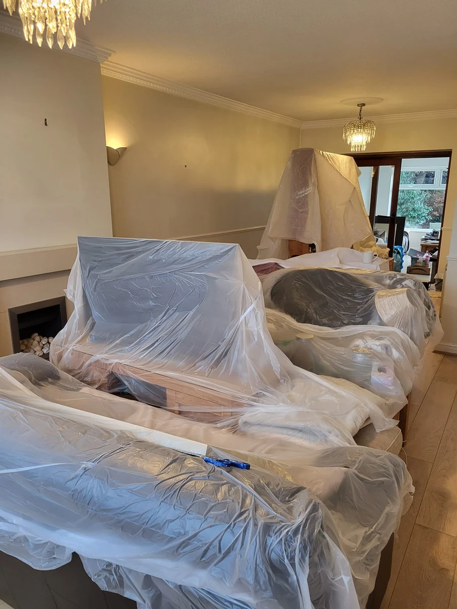 dust-sheeted-prep-progress-coventry-godiva-decorators Dust-sheeted Coventry room with woodwork being cut in