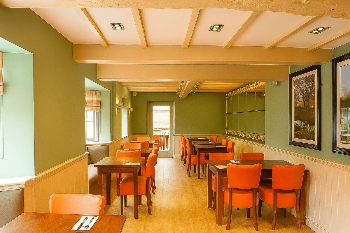 green-dining-room-wide-coventry-godiva-decorators Dining room painted green with cream panelling and a beamed ceiling, finished by Godiva Decorators