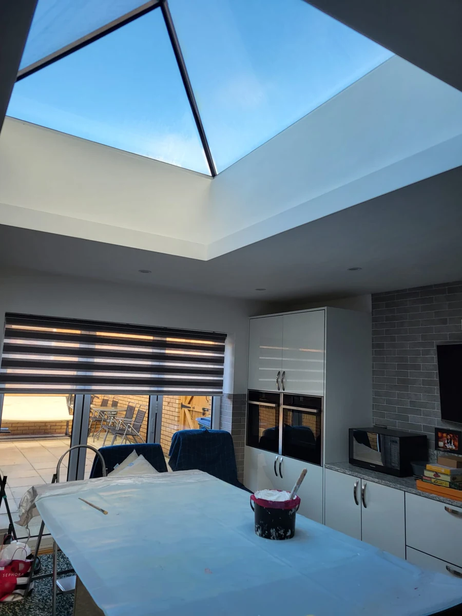 lantern-roof-kitchen-coventry-godiva-decorators Decorated open-plan kitchen with a glazed lantern roof, painted walls and ceiling in Coventry by Godiva Decorators (completed)