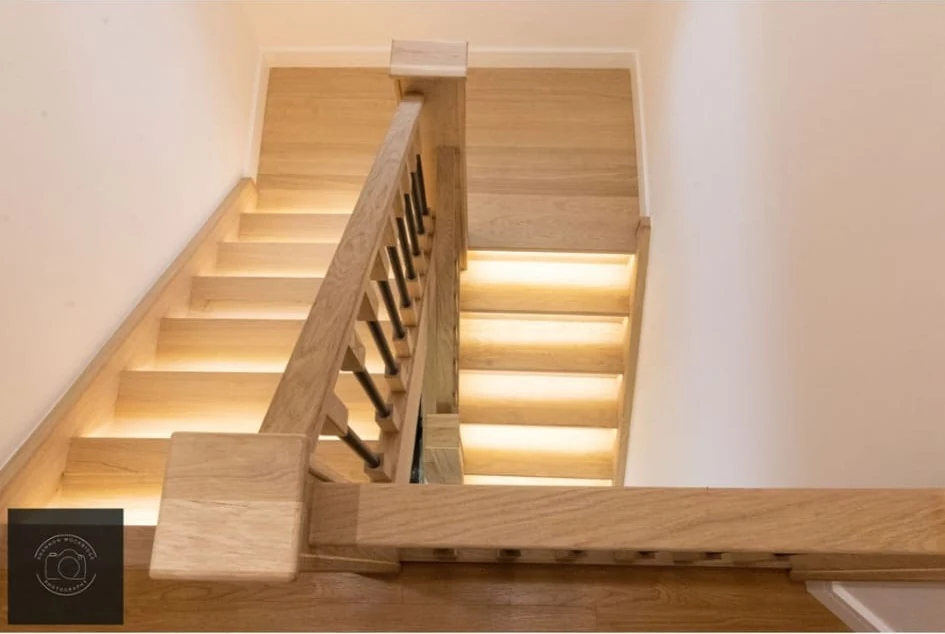 Oak staircase with LED-lit treads and painted surrounds in Coventry by Godiva Decorators (completed)