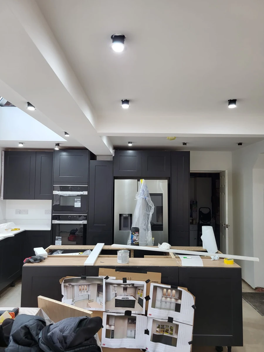 open-plan-kitchen-coventry-godiva-decorators Decorated open-plan kitchen with painted walls and trim in Coventry by Godiva Decorators (completed)