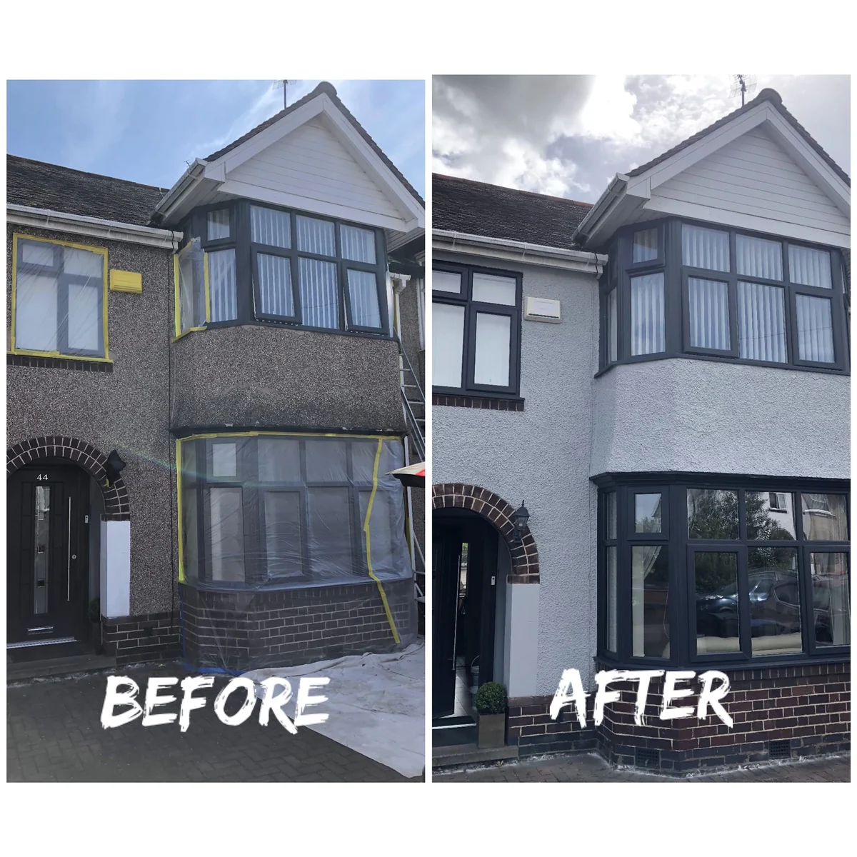 render-before-after-coventry-godiva-decorators Exterior render repaint before and after in Coventry by Godiva Decorators (before and after)