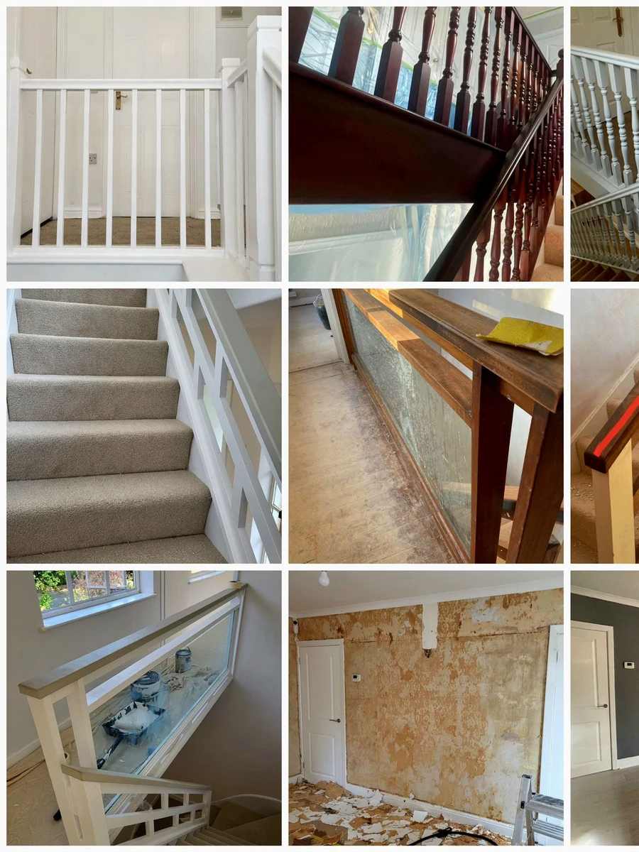 Staircase decorating project shown across several stages in Coventry by Godiva Decorators (before and after)