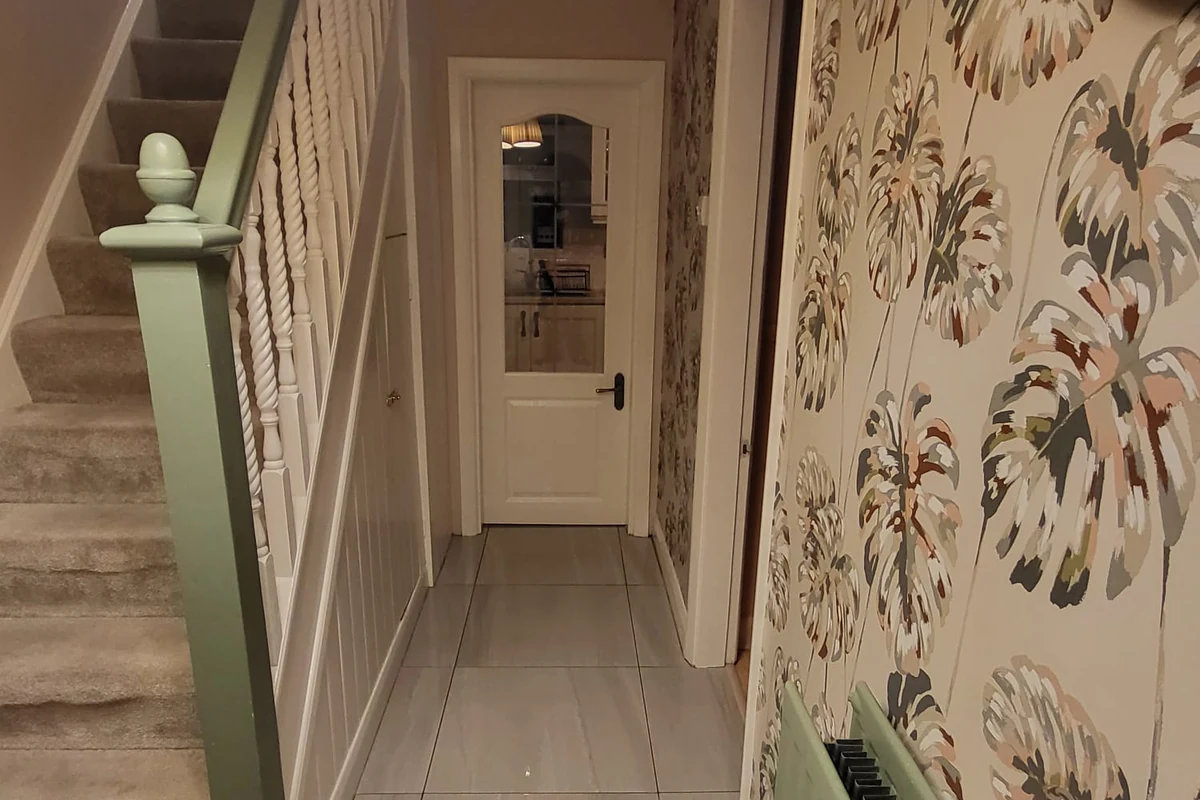 wallpapering-coventry-godiva-decorators Hallway with patterned feature wallpaper hung in Coventry by Godiva Decorators
